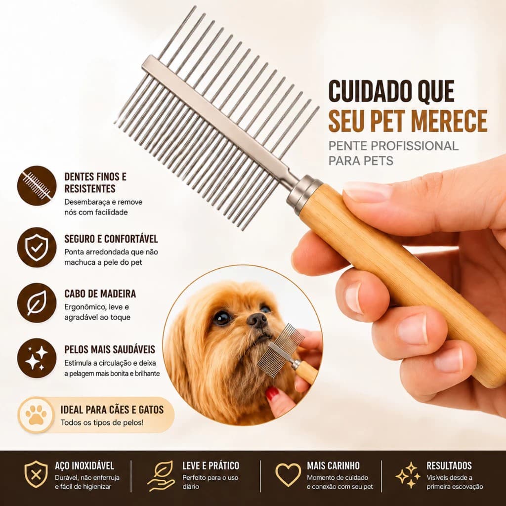 Pente Duplo Profissional Pet Aço Inox Removedor de Nós Cães e Gatos
