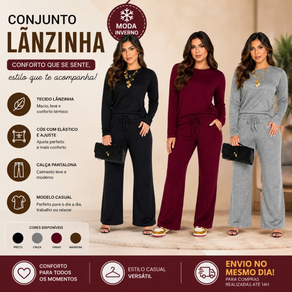 Conjunto Feminino Inverno Blusa Manga Longa e Calça Pantalona Lanzinha Roupa de Frio