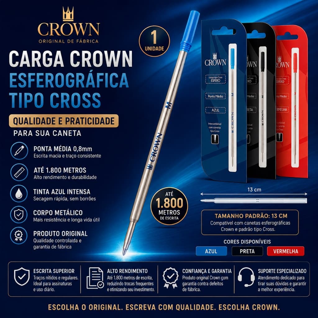 Carga Refil Recarga Para Caneta Crown Esferográfica Cross CA12009 Escolha a Cor Azul Preta Vermelha