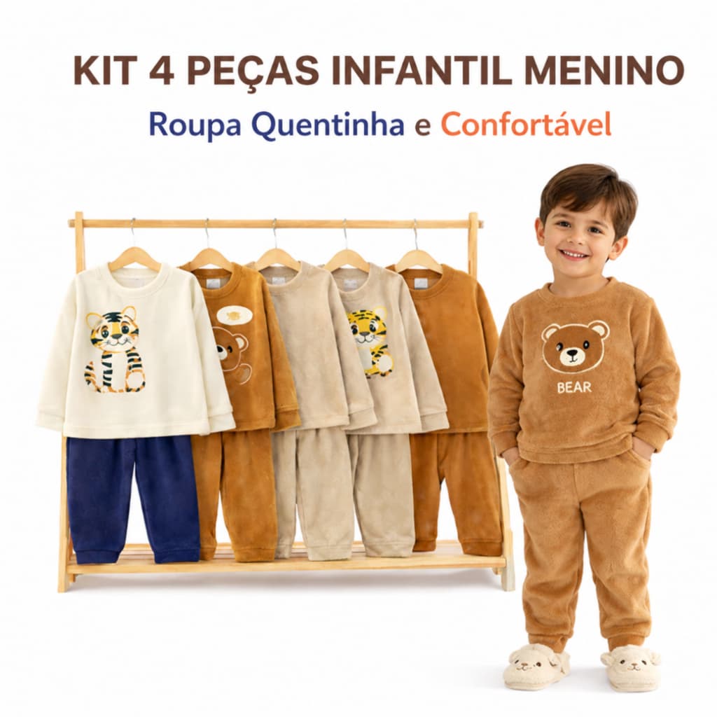 Kit 4 Peças Conjunto Infantil Menino Soft Inverno | Roupa Quentinha e Confortável | Pijama Bebê 1 a 3 Anos (P ao G)