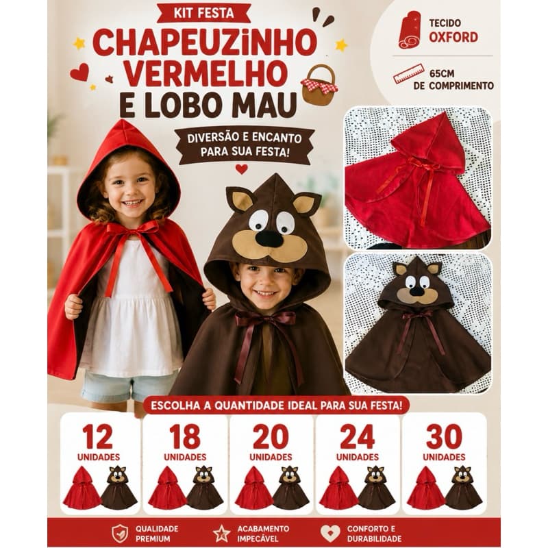 kit Capas capuz infantil Chapeuzinho vermelho ou Lobo mau - fantasia - lembrança de festa