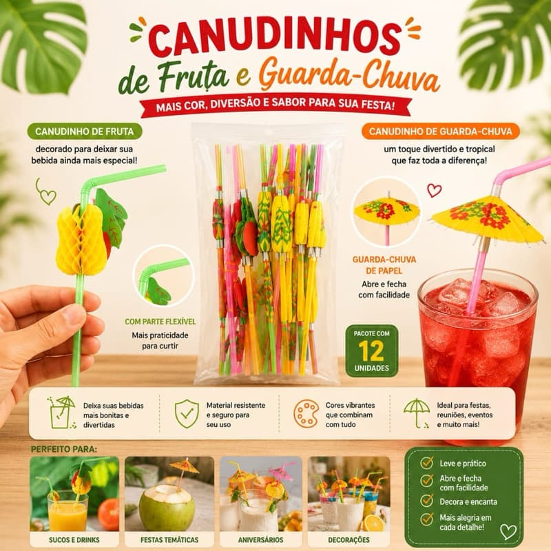 canudo coloridos para drinks festas canudo flexível guarda chuva frutas festa tropical