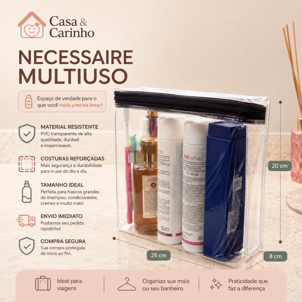 Kit Necessaire Transparente PVC Organizador Mala Viagem Maquiagem Banheiro Multiuso Impermeável