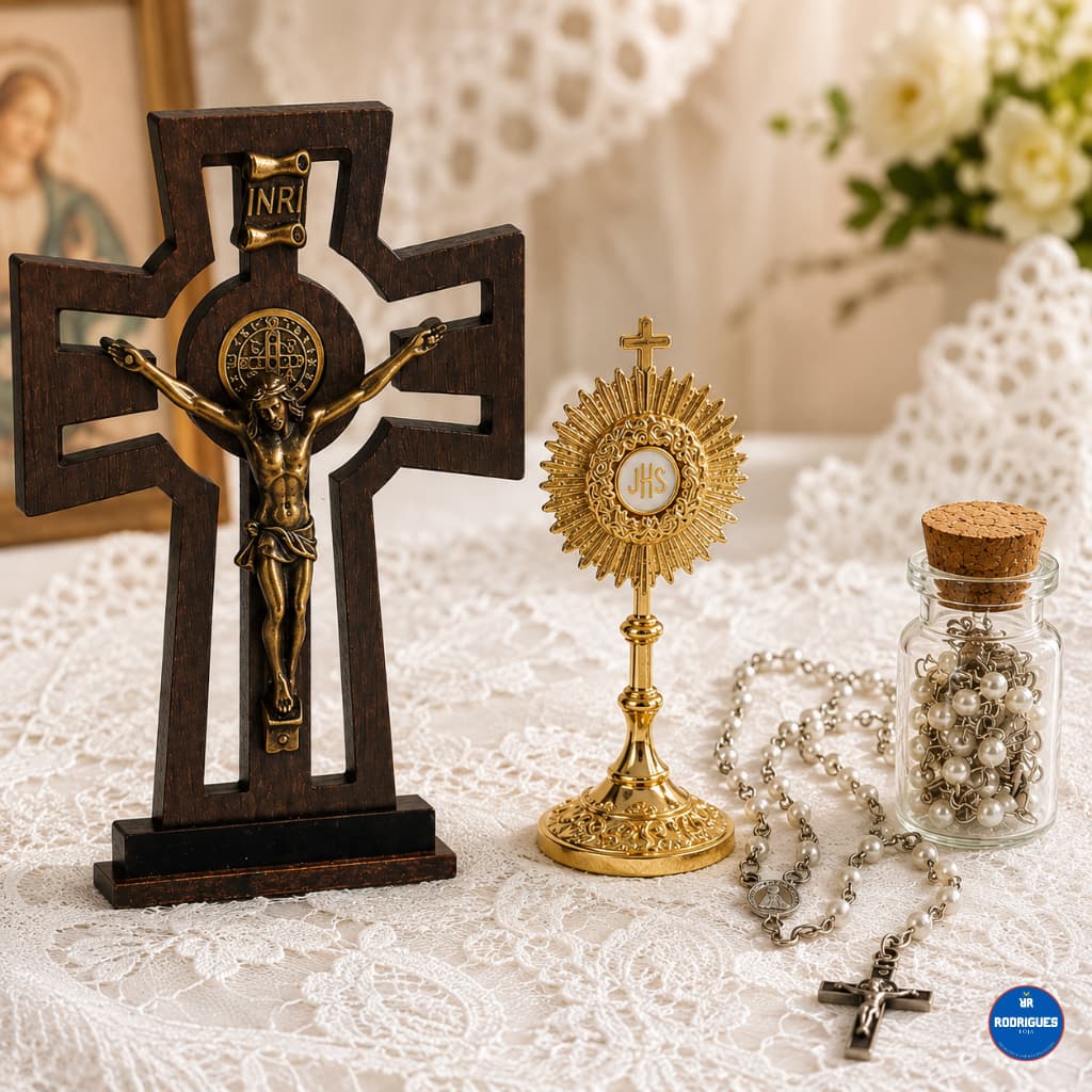 Kit Religioso Ostensório 6cm Crucifixo 10cm Terço Perolado Garrafinha Vidro