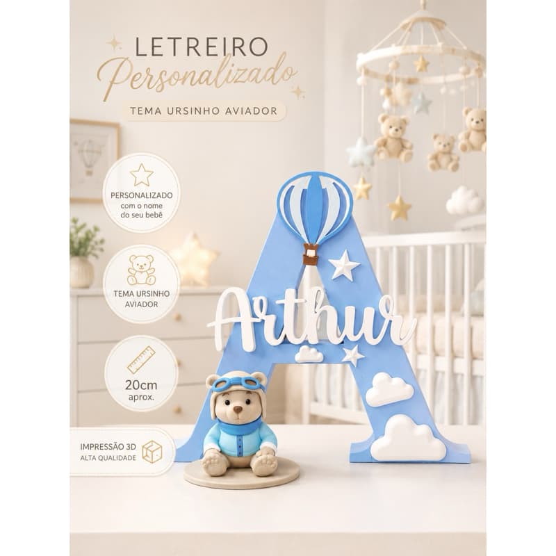 Letreiro Personalizado Nome + Inicial 3D – Tema Ursinho Aviador