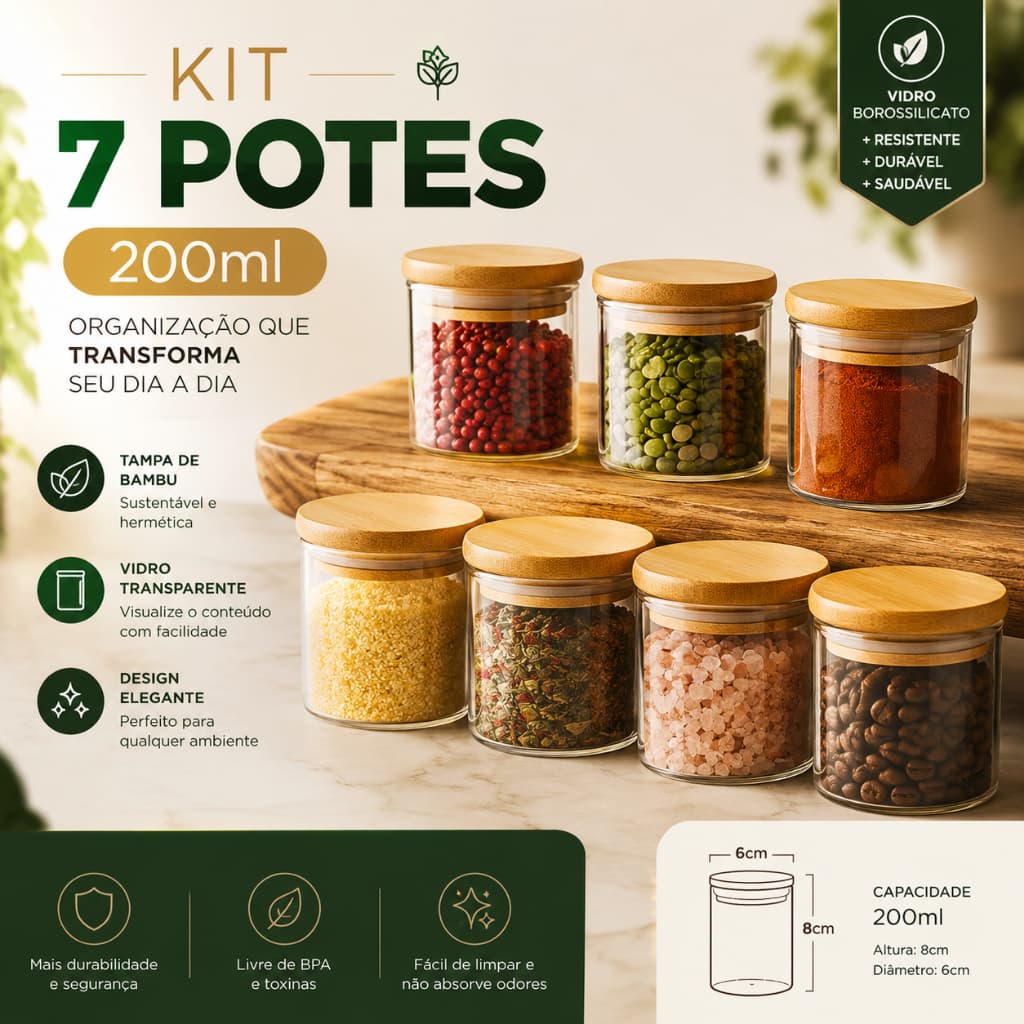 Kit 7 Potes Hermético 200ml Mantimentos Vidro Tampa De Bambu