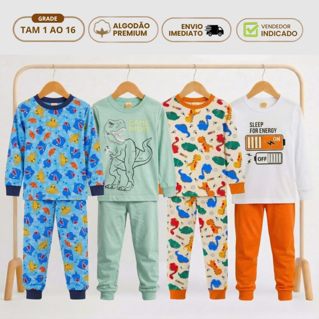 Kit 3 Pijama Infantil Masculino Frio Inverno Roupa de Dormir Menino Dino Gamer Safari Algodão Meia Estação Confortável