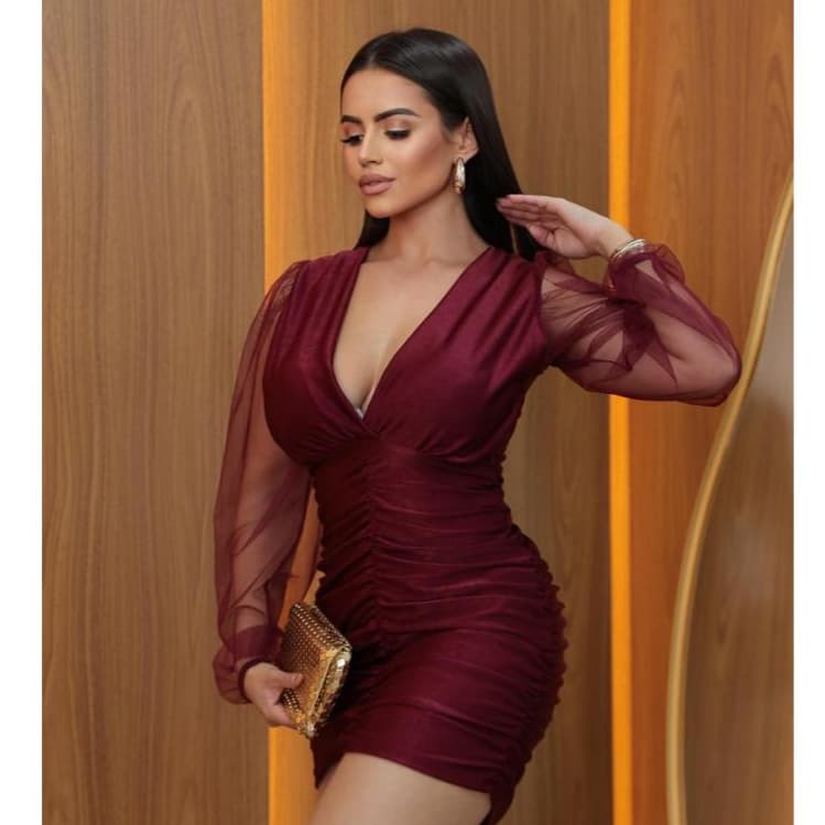 Vestido Feminino Elegante Manga Longa Transparente Drapeado Casual e Festa