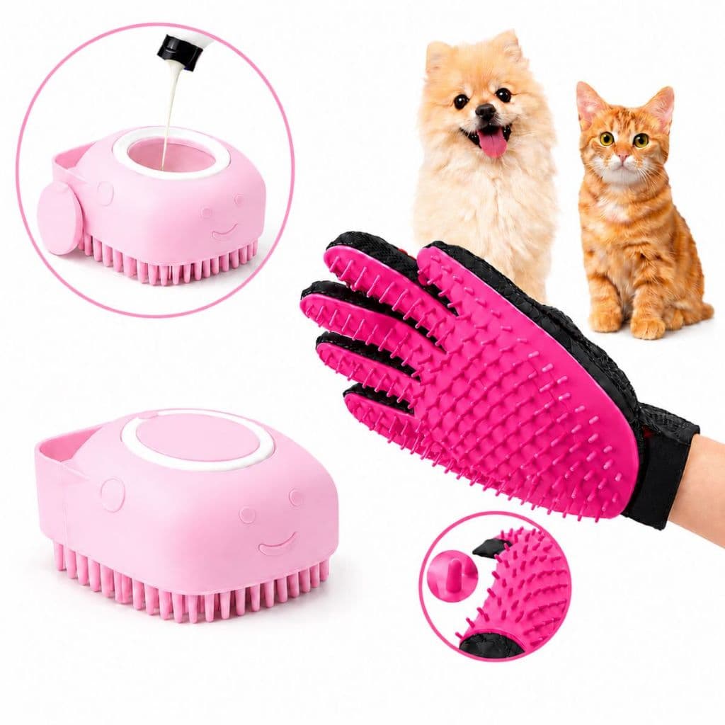 Kit Luva Tira Pelo Nano Magnética Massageadora + Escova Lava Pelo Banho Dispenser Shampoo Cães Gatos Pet