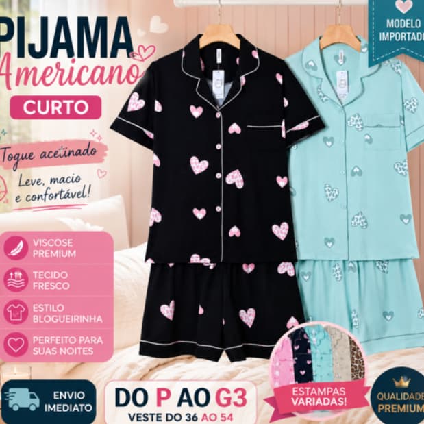 Pijama Feminino Estilo Americano Curto em Viscose Acetinada Linha Premium Moda Inverno do P ao G3