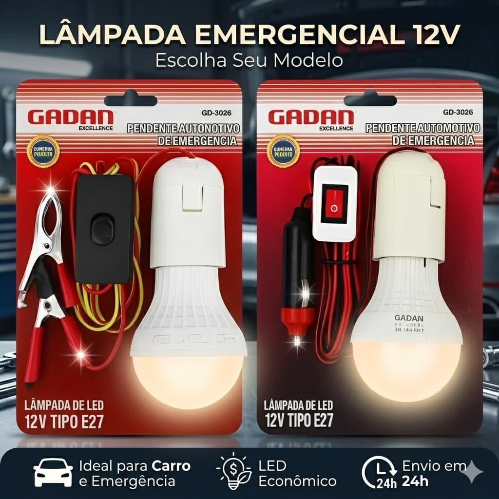 Lâmpada Luz Emergência Automotiva 12V 5w LED E27 Com Garra Ou Plug Veicular | Tomada ou Bateria