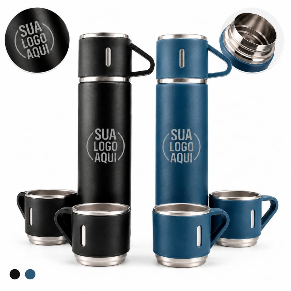 Kit 15 Garrafa Térmica Personalizada 500ML com 3 Xícaras Logo ou nome
