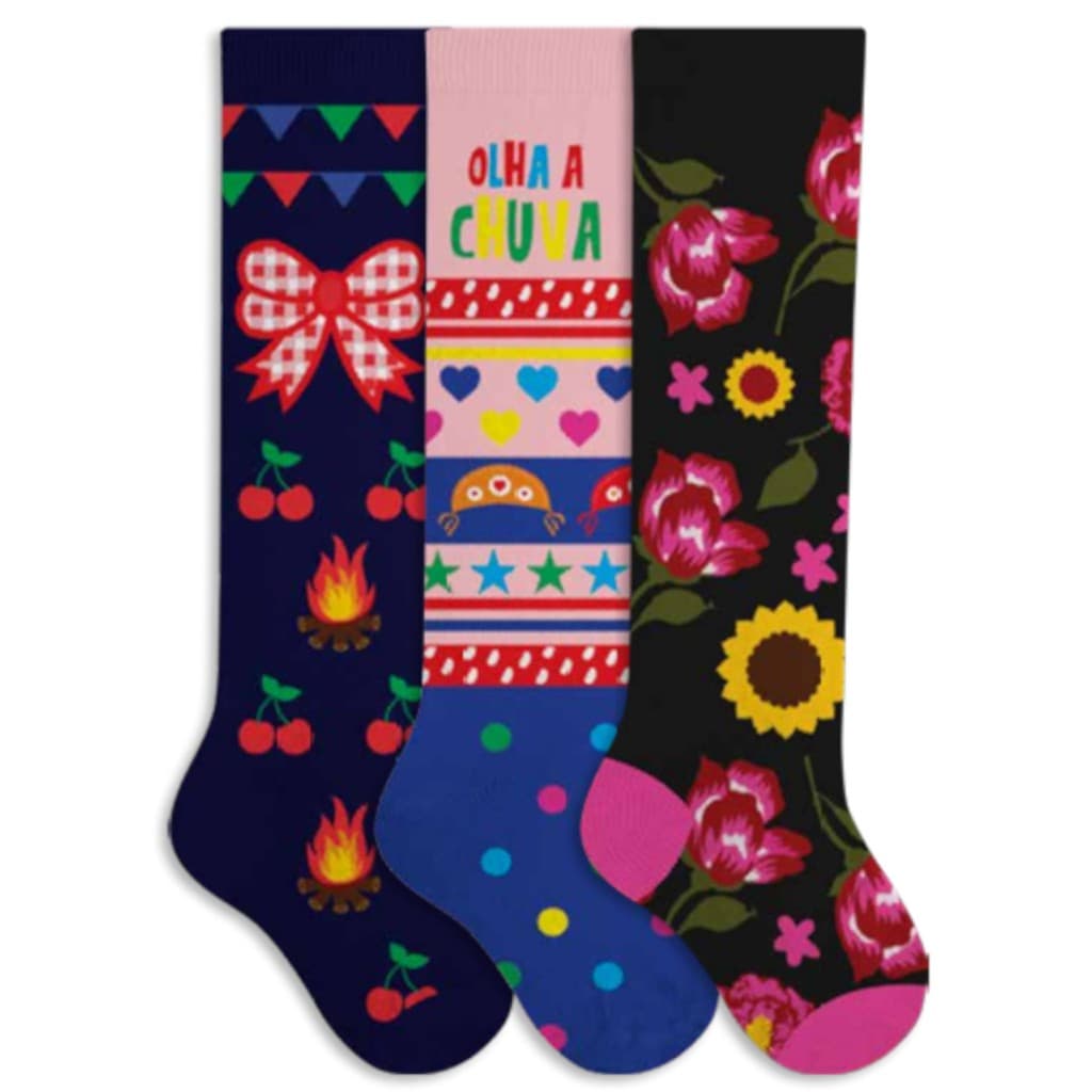 Kit 3 Pares Meia 3/4 Infantil Menina Festa Junina São João