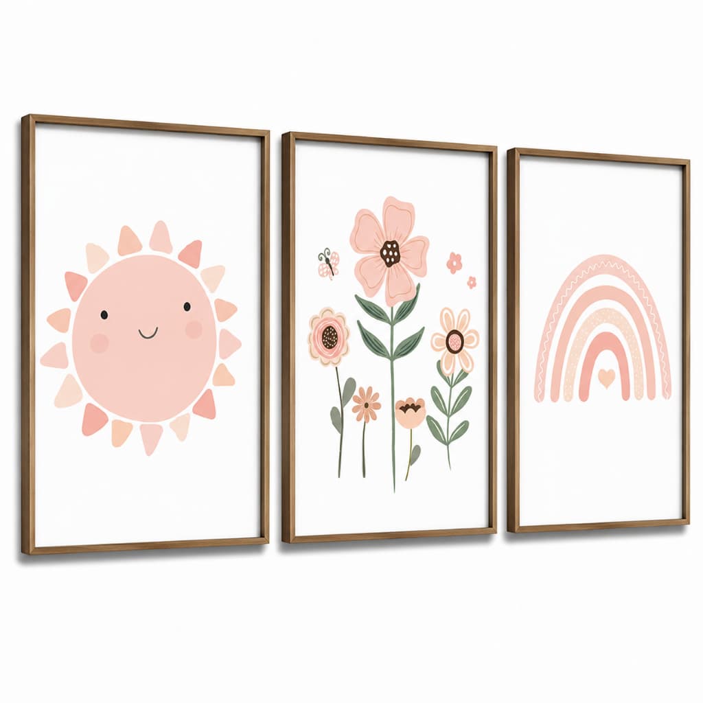 Kit 3 Quadros Decorativos Infantil | Quarto Bebê Menina | Flores, Boho, Jardim, Aquarela - No223