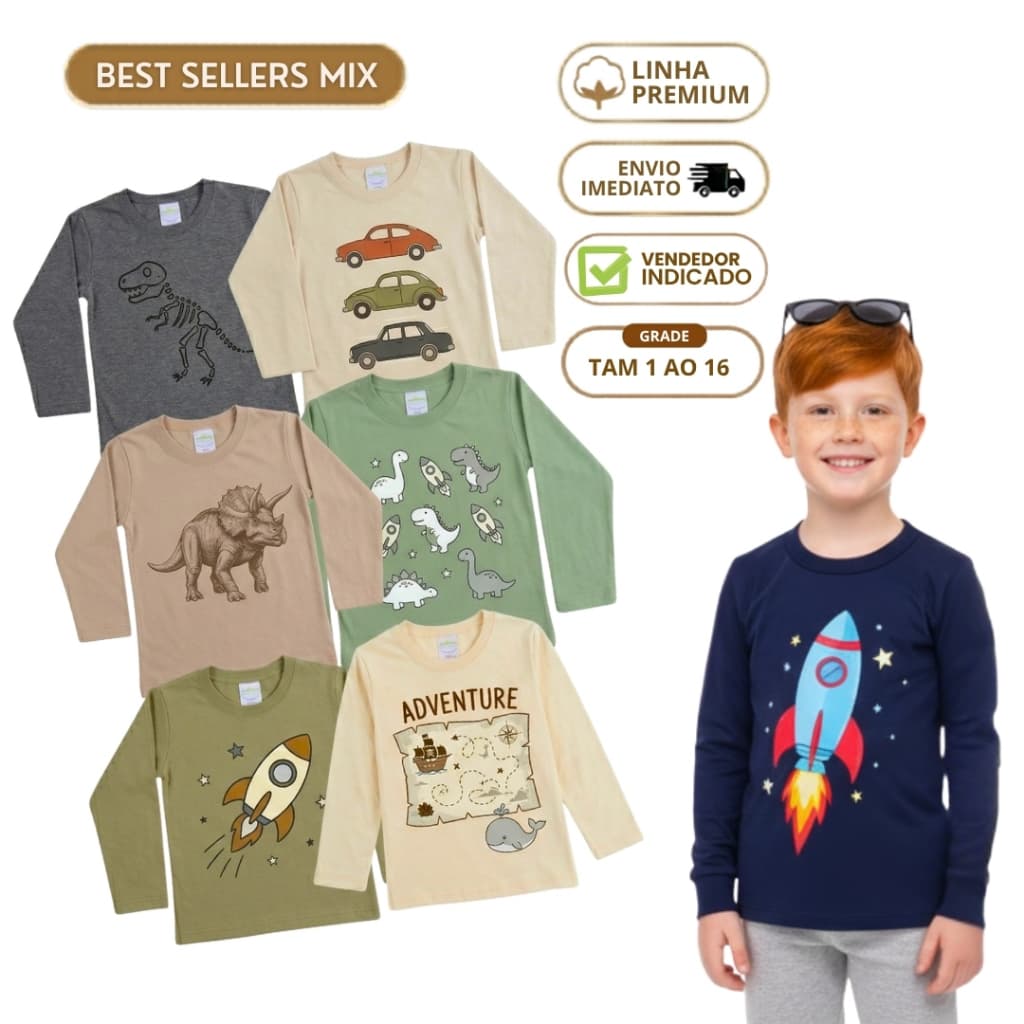 Kit 2 Blusa Infantil Masculina Frio Camiseta Manga Menino Inverno Algodão Liso e Estampado Dino Promoção 1 ao 16 anos