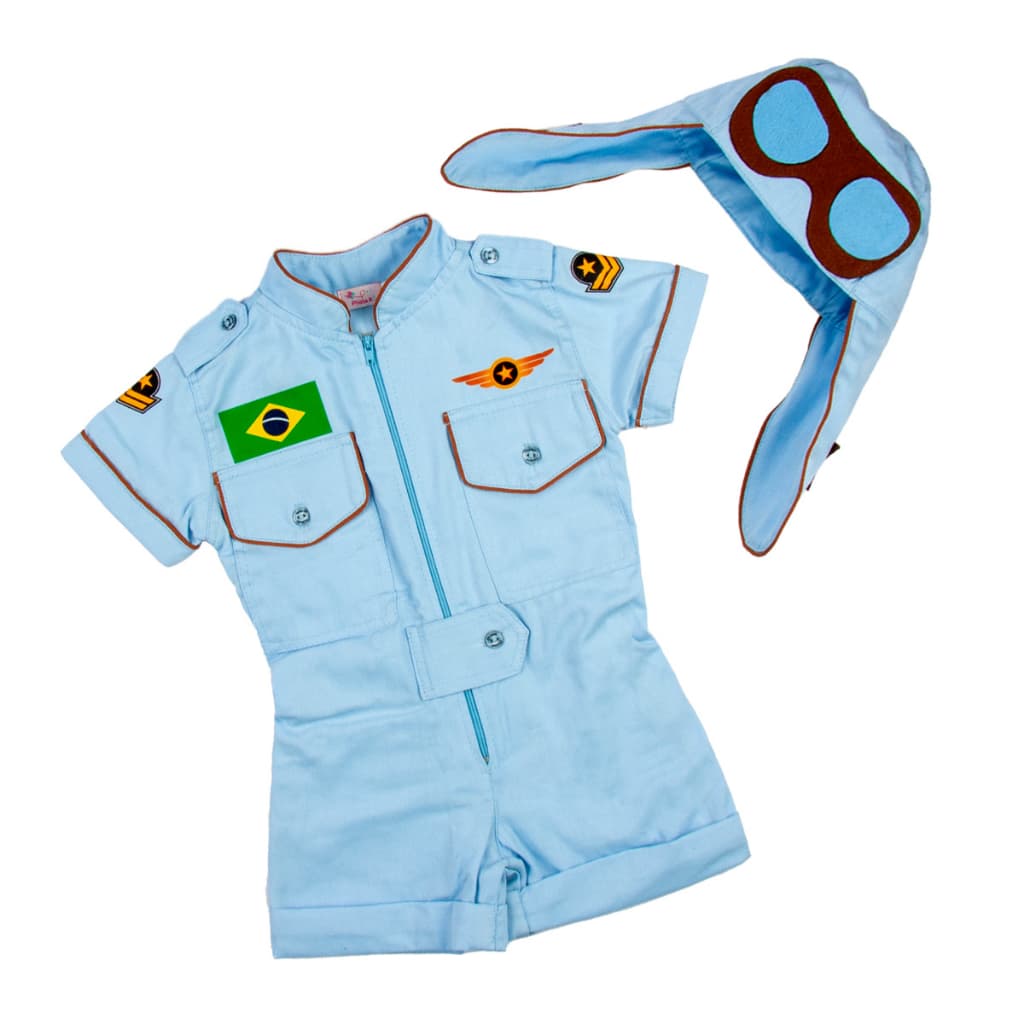 Macacão Infantil Aviador Piloto Azul Claro Fantasia Com Touca Festa Mesversário