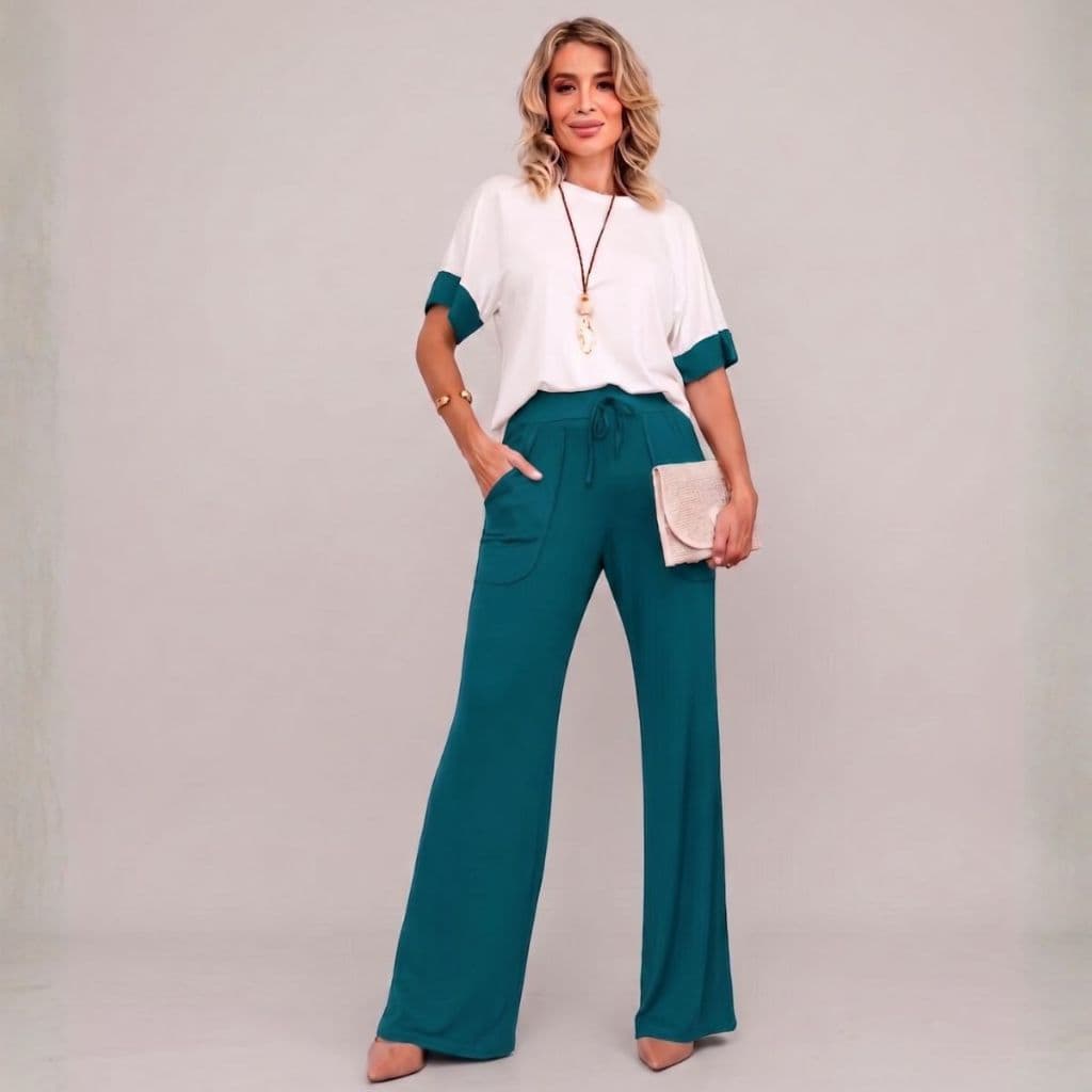 Conjunto Mel Feminino Calça Reta Com Bolso E Blusa Estilo - Envio Imediato