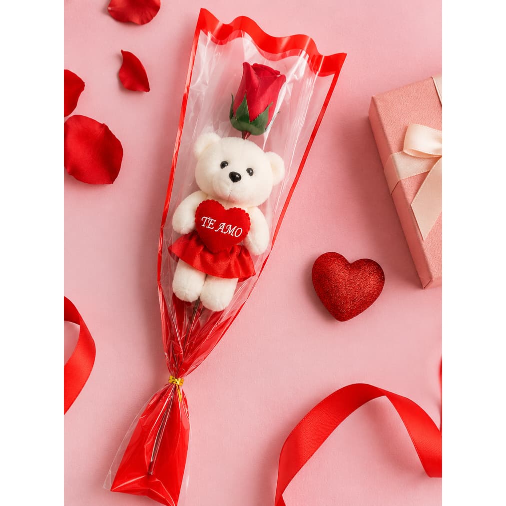 Rosa Artificial Decorativa com Ursinho Pelúcia Te Amo – Presente Romântico Kit 1 2 4 6 Unidades