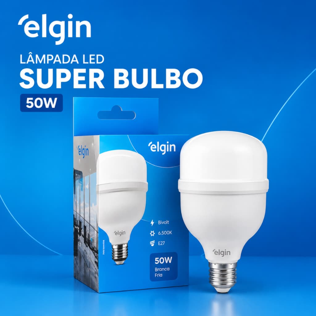 Lâmpada LED Super Bulbo Elgin 50W 6500K E27 Bivolt Alta Potência Branco Frio Variações 1/2/3/4 Unidades