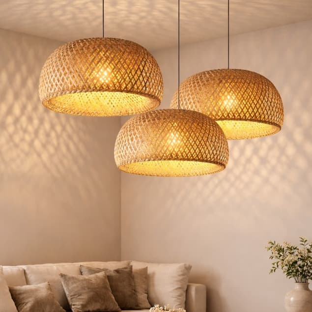 Kit 3 Luminárias de Teto Lustre Pendente Bambu Rústico 43cm Altura Ajustável 2 Metros Sala Cozinha