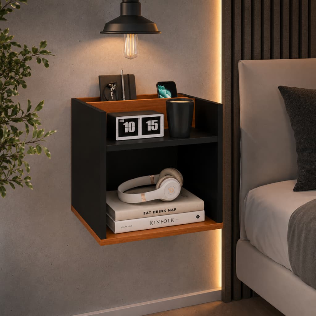 Mesa de Cabeceira Suspensa Madri Criado com Nicho Organizador Moderna Preto Branco Cinza Off White