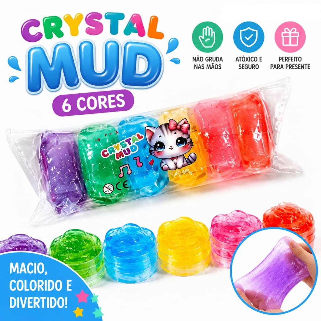 Kit Slime Cristal 6 Cores Não Gruda Macio Elástico Seguro Atóxico Presente Para Crianças Brinquedo 6603