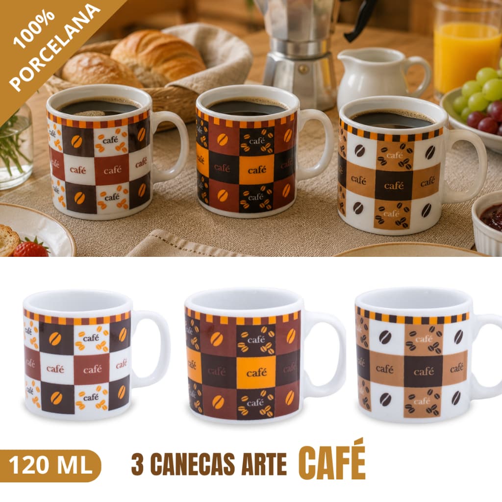 KIT 3 Canecas Café 120 ML Porcelana Xícara ótima qualidade