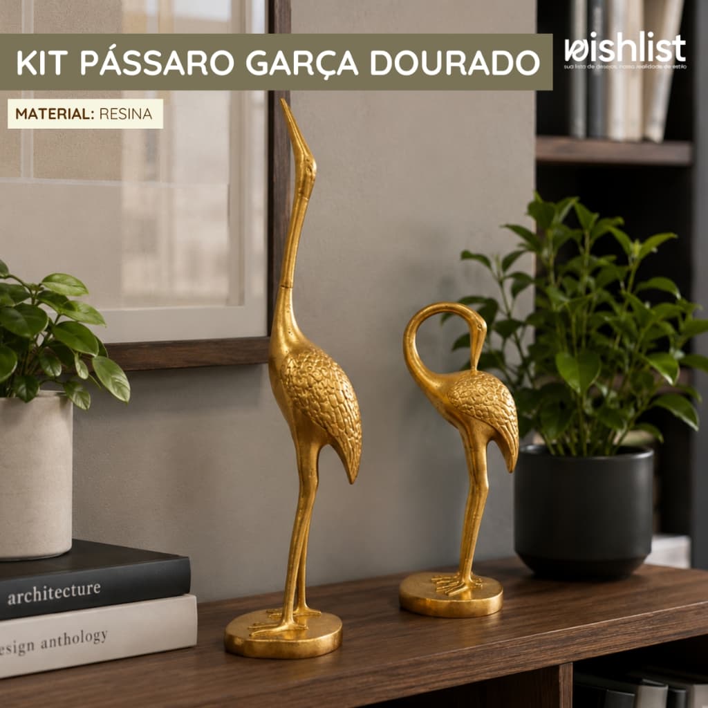 Escultura Passaro Garça Dourada em Resina – Duas Variações Decorativas