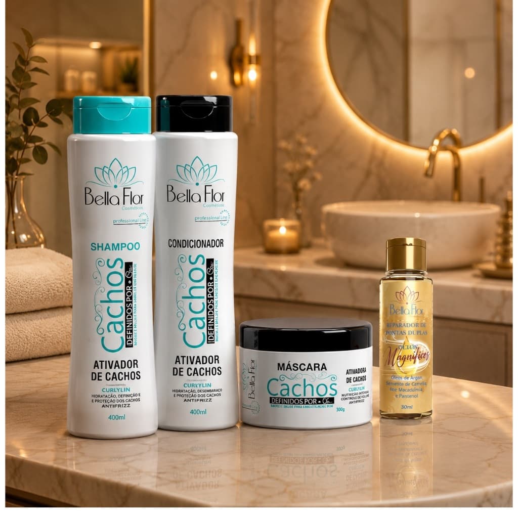 Kit Capilar Cachos 4 Produtos Shampoo Condicionador Máscara Reparador de Pontas Bella Flor Definição Anti-Frizz