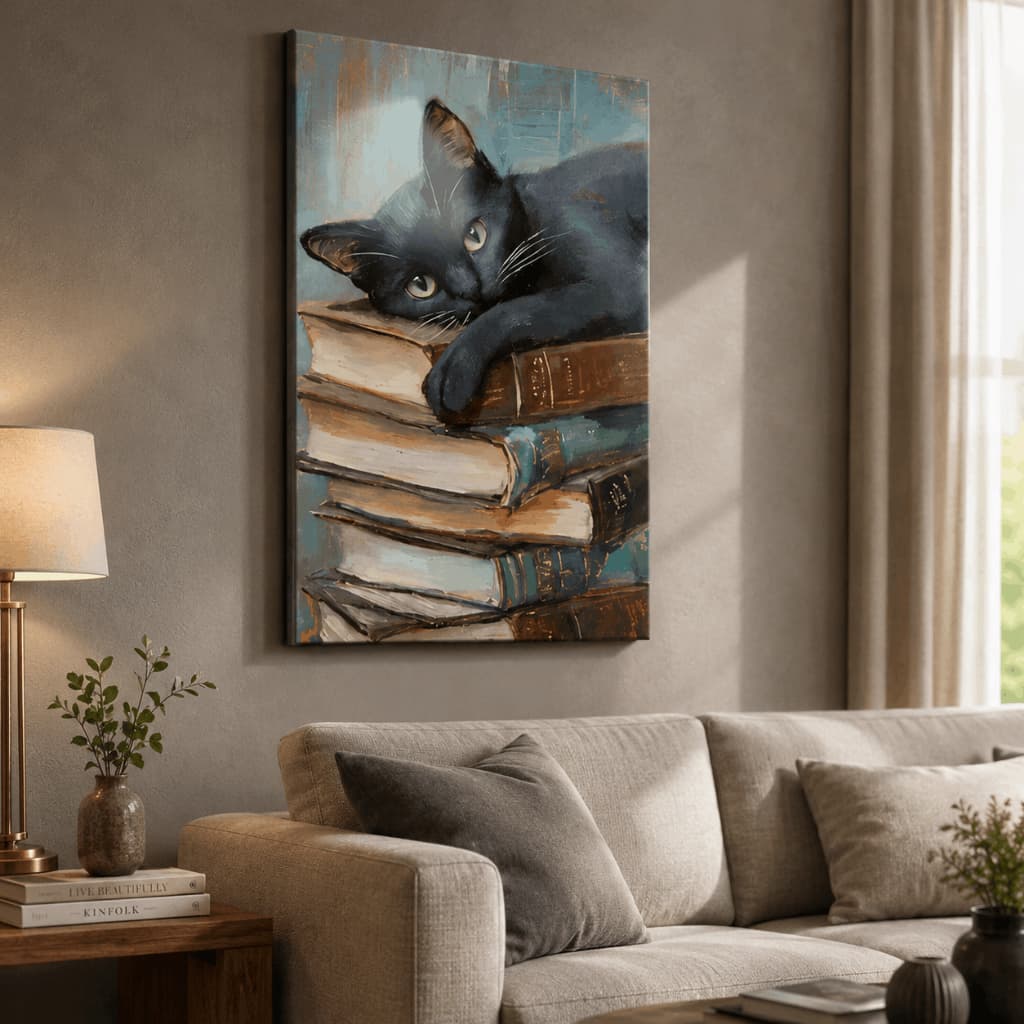 Quadro Decorativo Gato Preto em Livros Pet Fofo Sala Quarto MDF Decoração