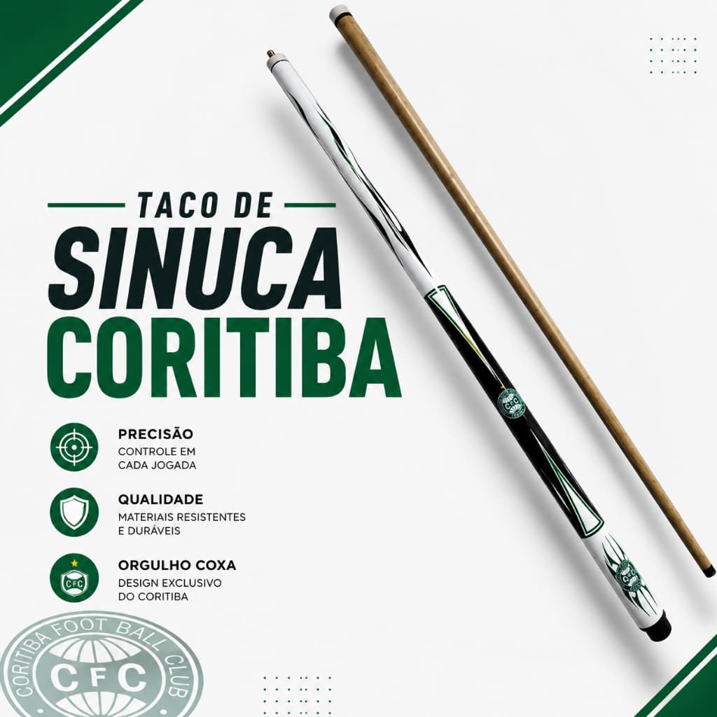 Taco de Sinuca Bilhar Snooker Profissional Rosca Desmontável 1/2 Coritiba + Capa + Giz + Sola