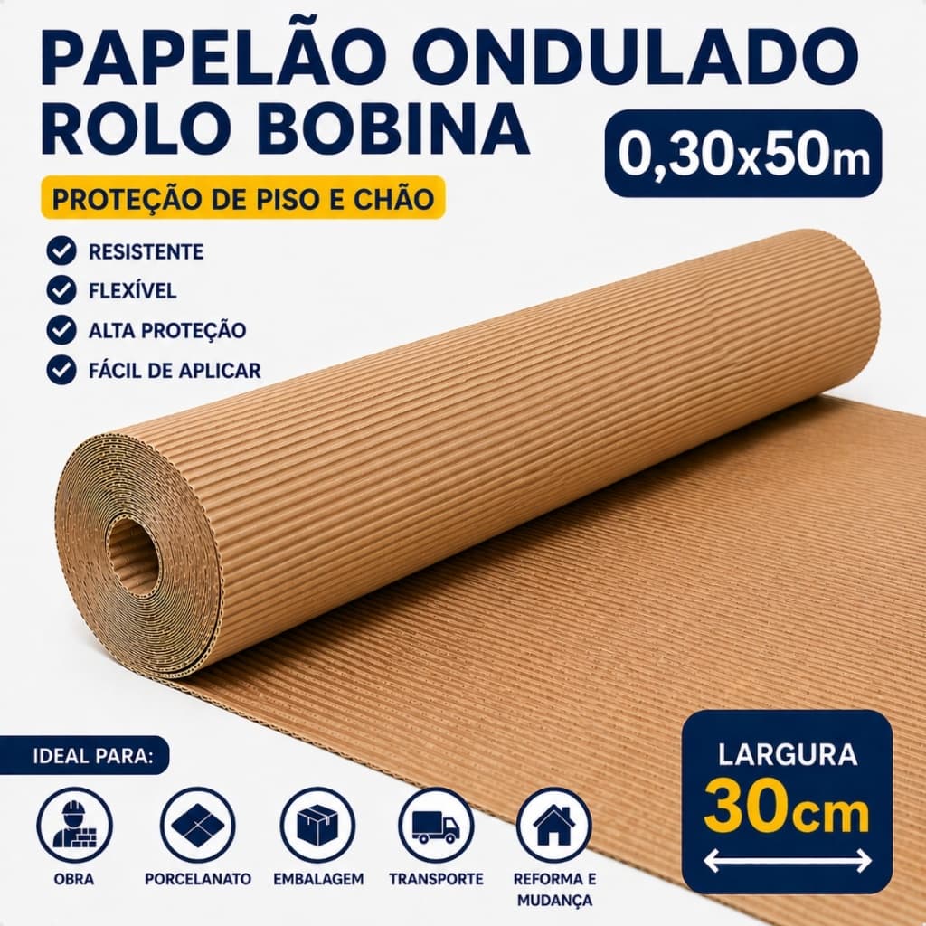 Bobina Papelão Ondulado Para Embalagem Reforma Salva Piso Proteção 50m x 0,30 Centímetros