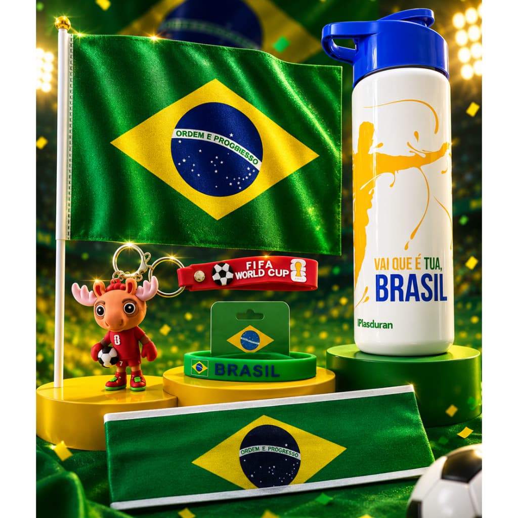 •	Garrafa Brasil Copa do Mundo 700ml com Acessórios de Torcida – Pulseira, Bandeira e Chaveiro Garrafa Squeeze Brasil