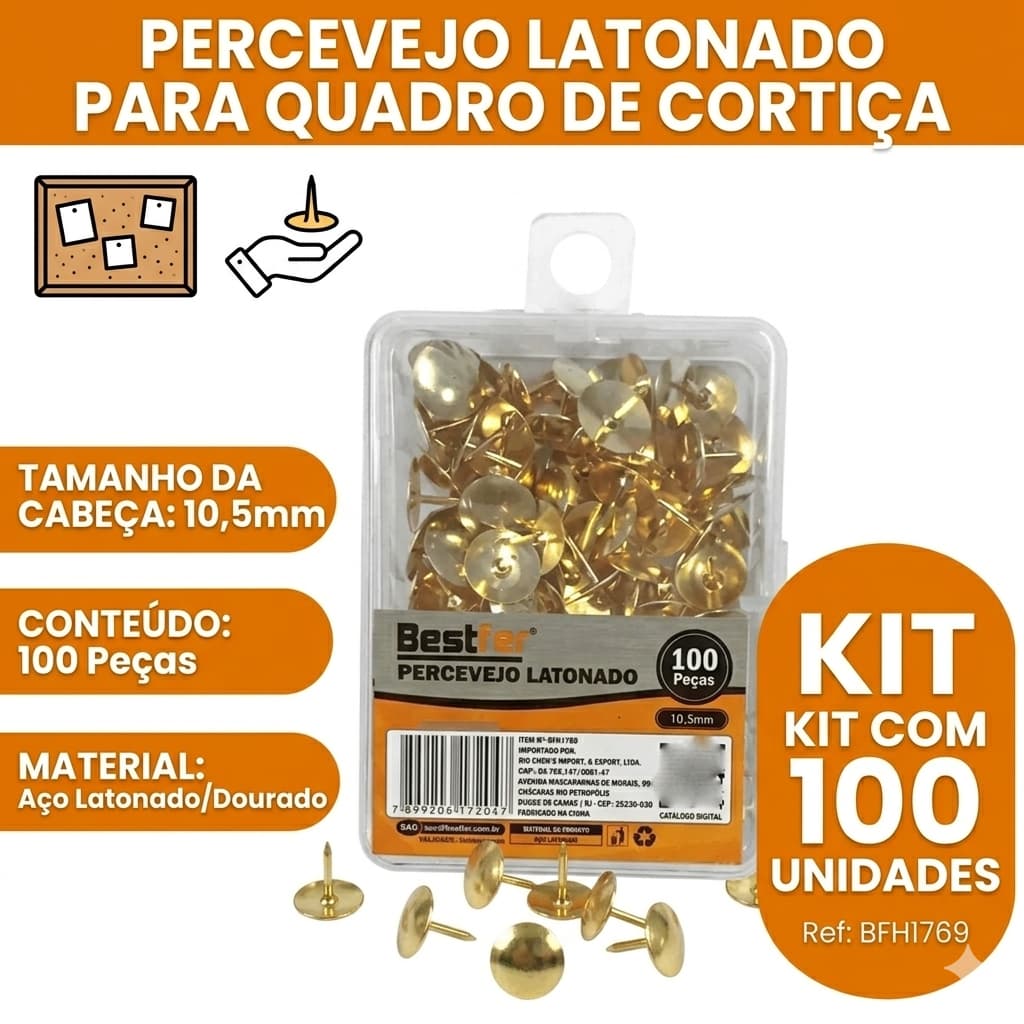 TACHA TARRACHA PERCEVEJO PARA QUADRO DE CORTIÇA  DOURADO 10,5MM 100PCS BESTFER