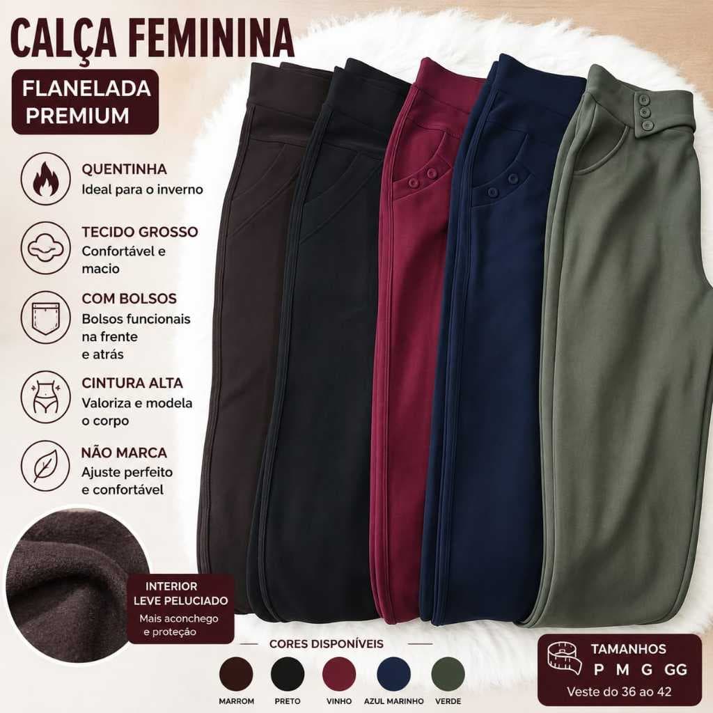 Calça Feminina Flanelada Cintura Alta Com Bolsos Quentinha Confortável -Cod; B02