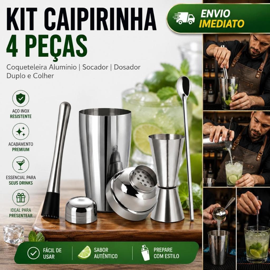 Kit 4 Peças Coqueteleira Caipirinha Inox Barman Profissional Bartender