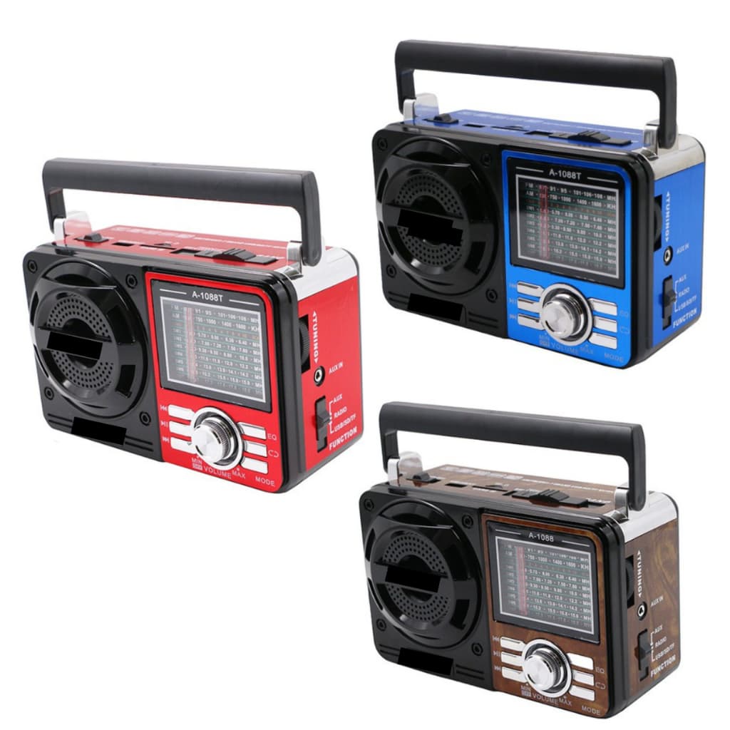 Rádio Retrô Portátil 1088 Bluetooth, AM/FM/SW, USB e Bateria Recarregável Som Claro e Antena Externa