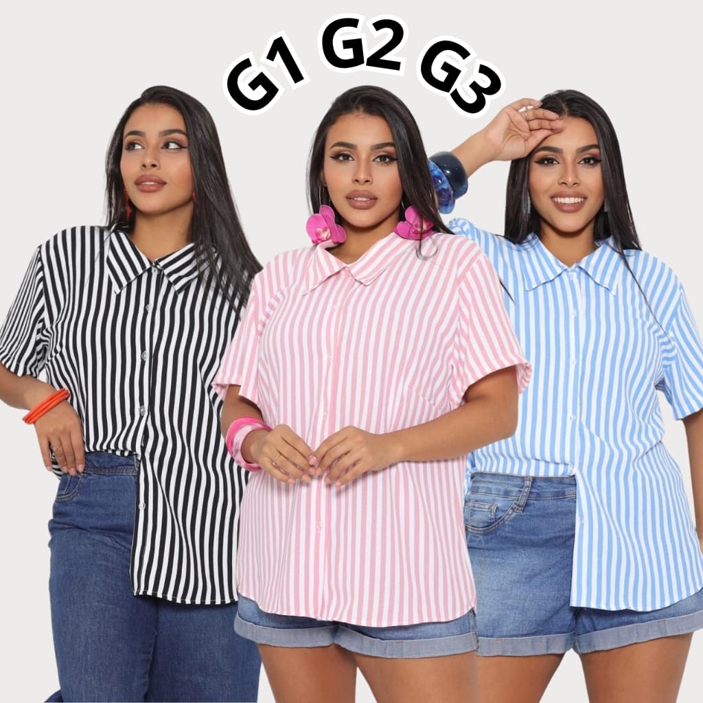 Camisa Listrada Plus Size Feminina Manga Curta Tecido Duna Premium G1 G2 G3 Soltinha Elegante 2026