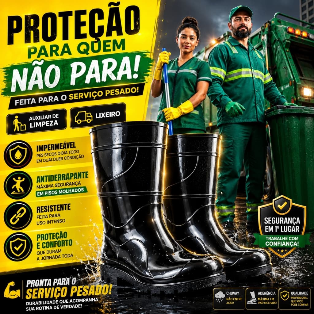 Bota PVC Impermeável Antiderrapante CA Auxiliar de Limpeza Lixeiro Confortável Trabalho Pesado