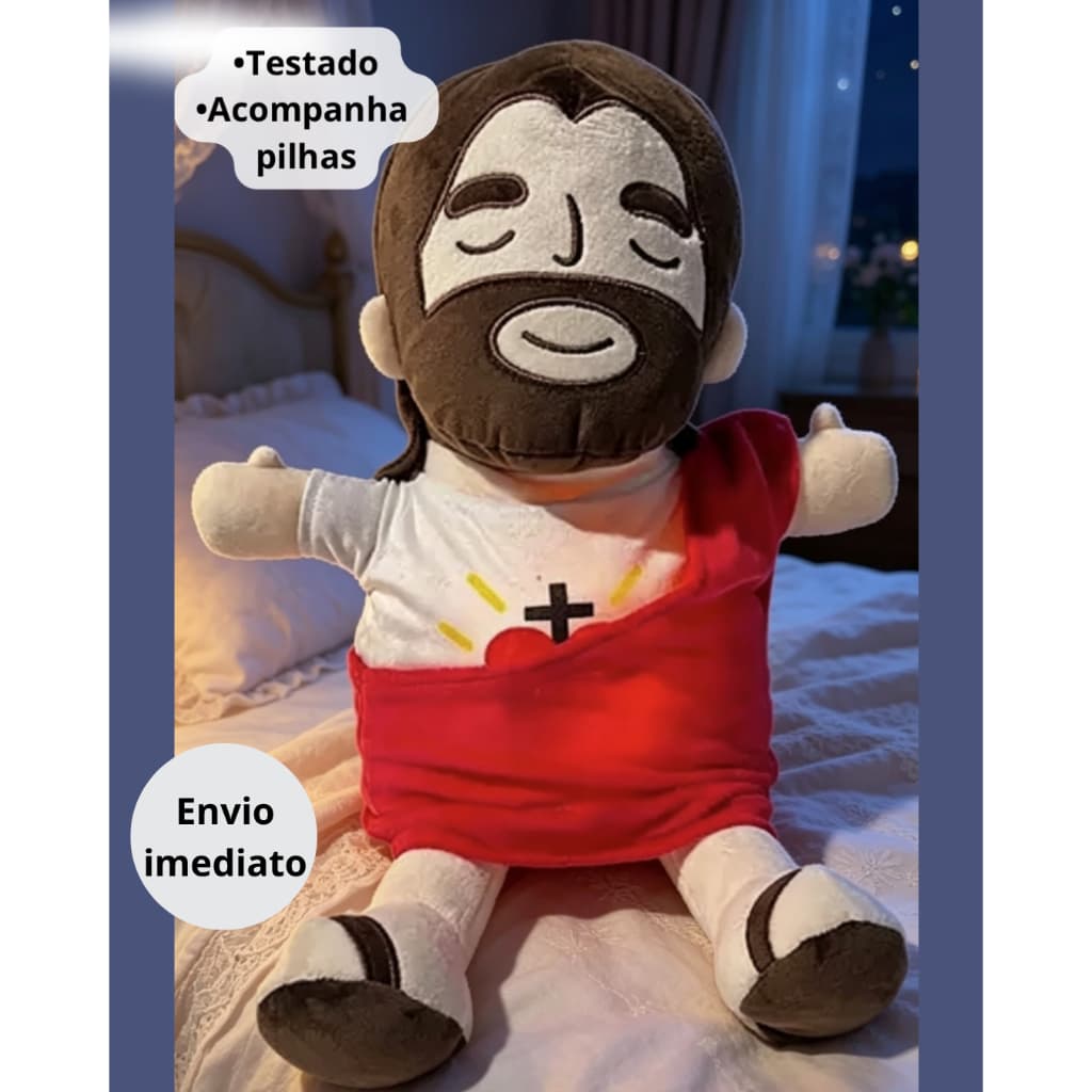 Pelúcia Jesus 38 cm que respira e toca música- Acalma e alivia ansiedade- presente perfeito