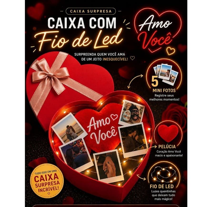 Caixa Surpresa Romântica com Fio de LED + 5 Mini Fotos Personalizadas + Pelúcia Coração | Presente Dia Dos Namorados