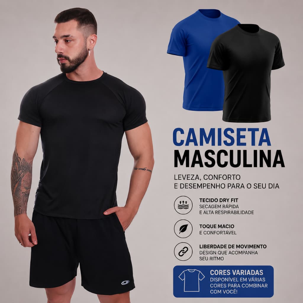 Kit 2 Camisetas Masculina Manga Curta Dry Fit Prote莽茫o Solar UV Camisa Treino Lisa B谩sica