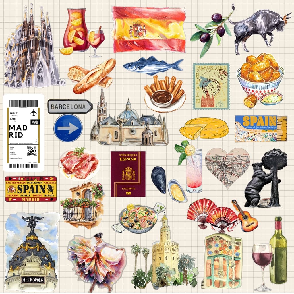 Kit 30 Adesivos Espanha Barcelona Madrid Viagem Travel À Prova D'Água Mala Garrafa Notebook Caderno