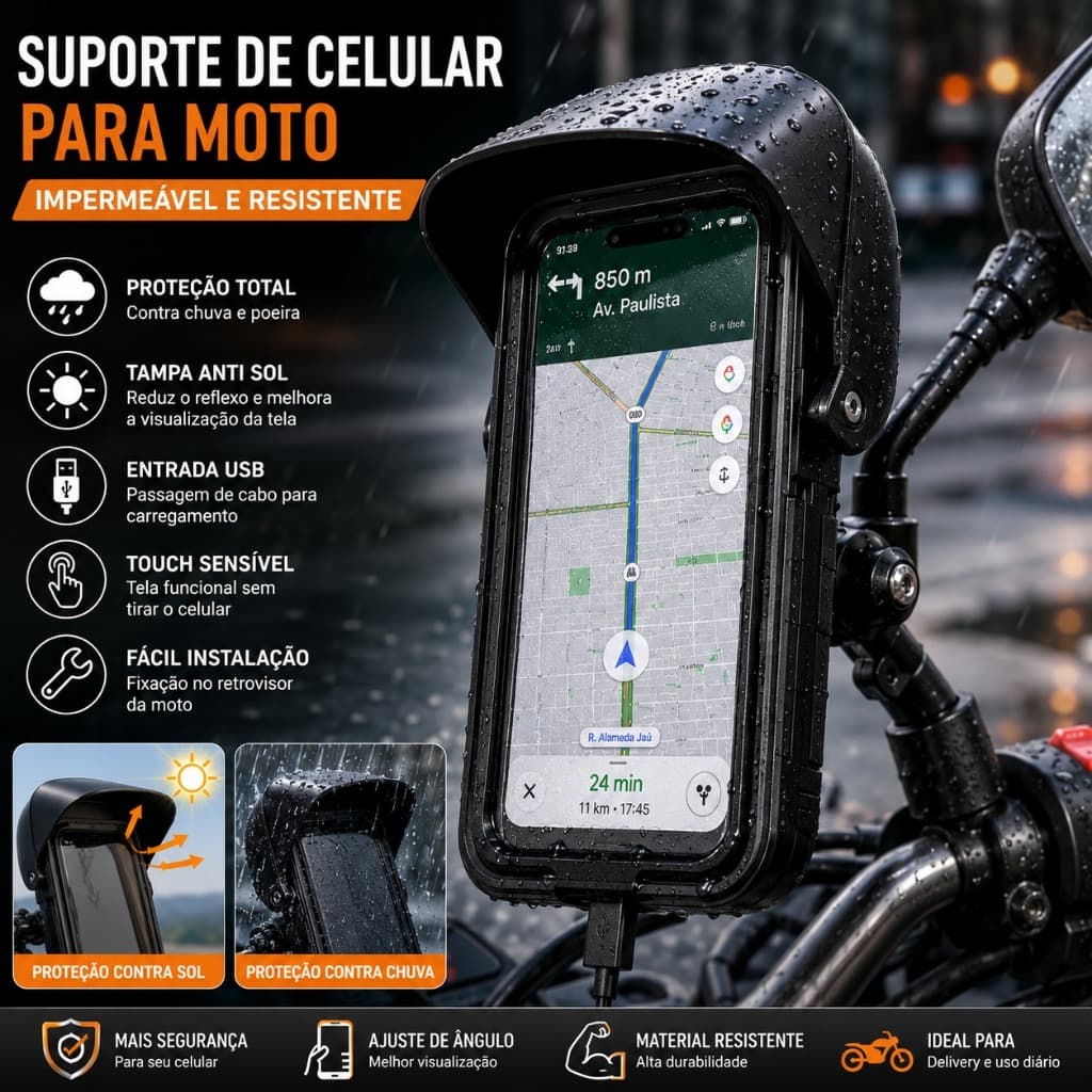 Suporte Impermeável de Celular  Moto Com Entrada Usb  Street com proteção para sol e chuva