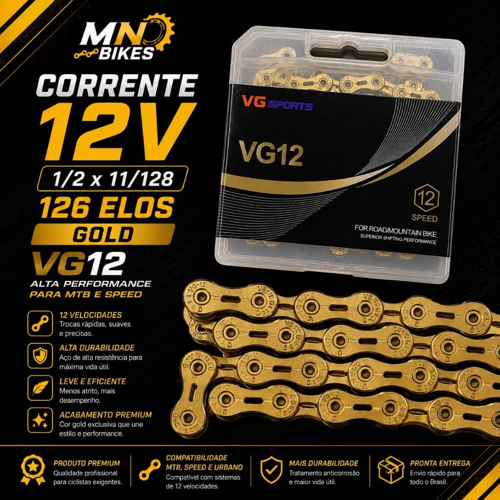 Corrente 12V  Para Bicicleta  Dourada 126 Elos 1/2 x 11/128 Bike MTB Speed VG12
