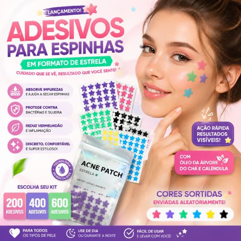 Adesivos para Espinhas em Formato de Estrela | Hidrocoloide Antiacne | 200 / 400 / 600 Unidades