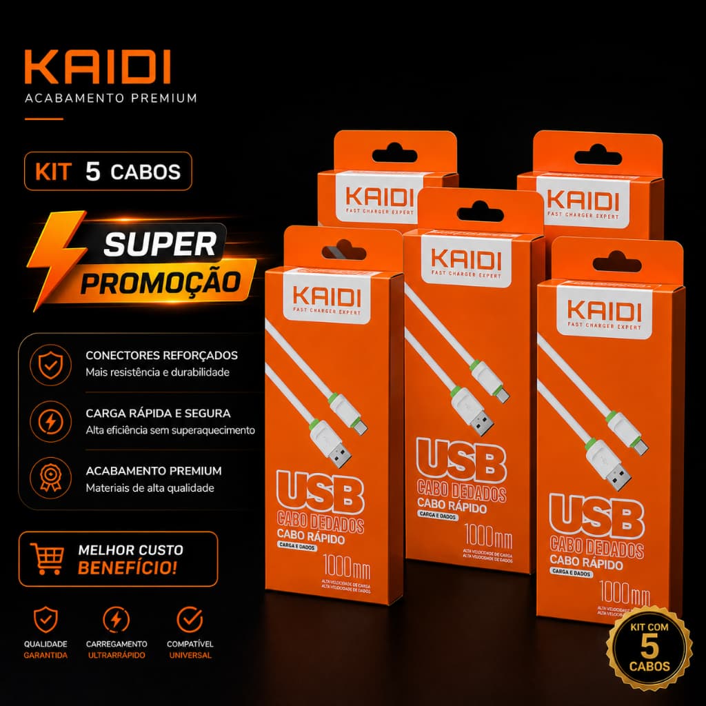 Kit 5 Cabos Tipo C Original Kaidi Reforçado Carregamento Turbo Dados Rapido