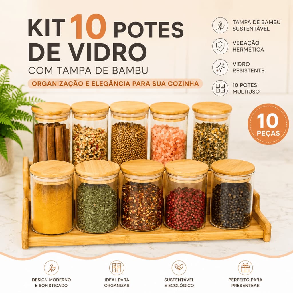 Jogo 10 Potes Herméticos De 200ml Vidro Tampa De Bambu