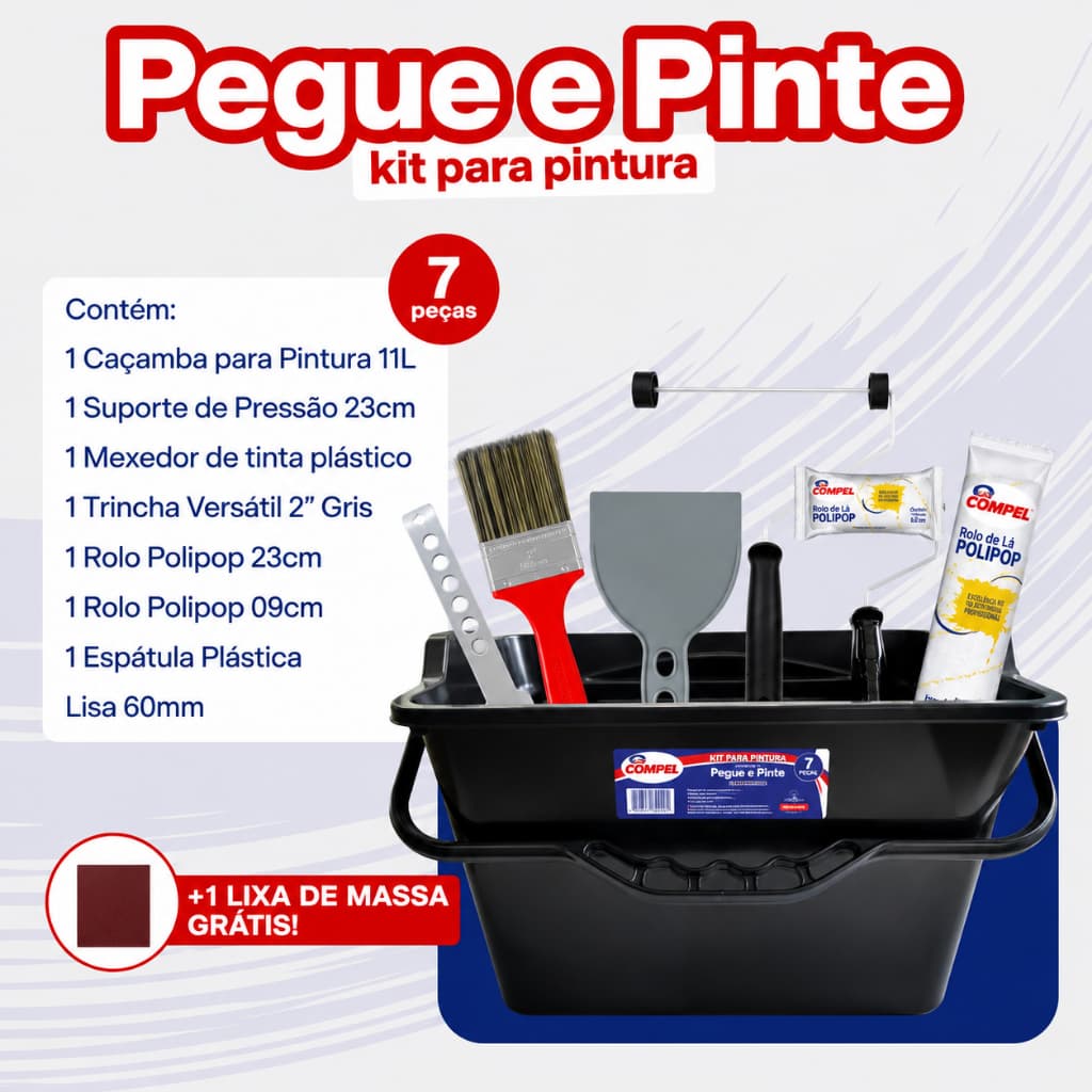 Kit Pintura Rolo de Pintura Com Balde De Pintura Trincha Espátula E Lixa Completo 7 Peças