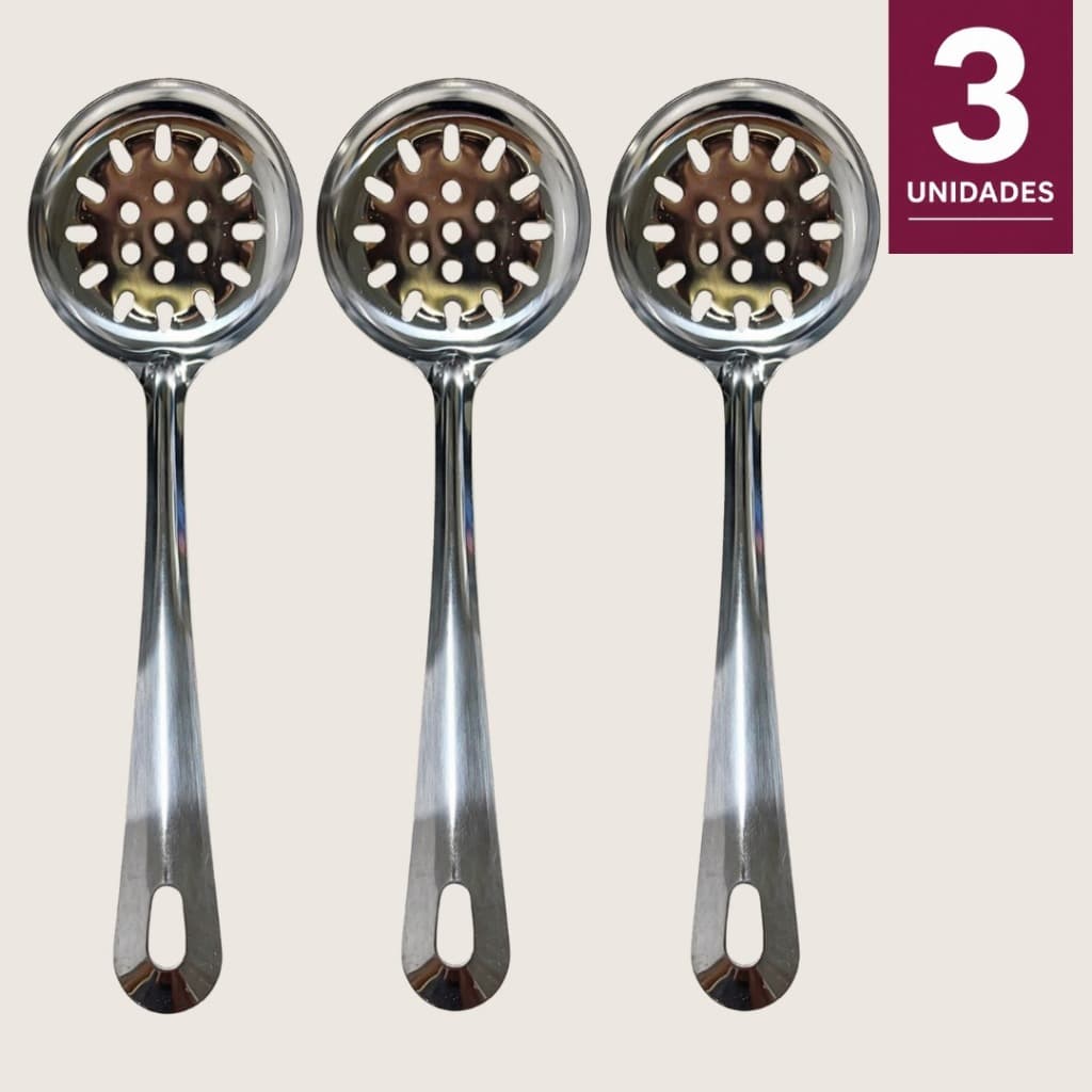 Escumadeira Inox 24cm Fritura Cozinha Resistente Escorrer Óleo Kit 3 Unidades